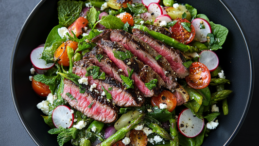 Mediterranean Ribeye Steak Salad with Hummus and Spring Vegetables