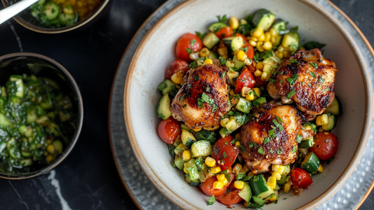 BBQ Reverse-Seared Chicken Thighs with Summer Corn, Tomato & Zucchini Salad