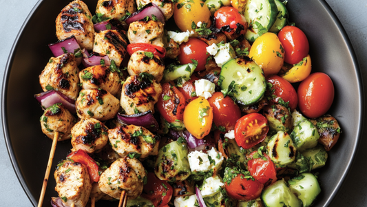 Yogurt-Marinated Chicken Skewers (Pan-Cooked)  with Greek Salad
