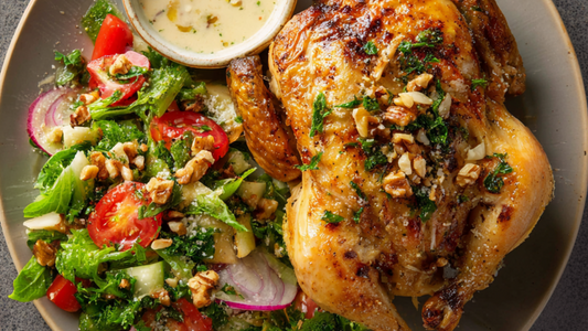Marcella Hazan-Inspired Extra Lemony Whole Roasted Chicken with Walnut Sauce and Fattouch Salad