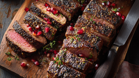 Coffee-Rubbed Lamb Chops with Garlic Labneh & Pomegranate Sparkle