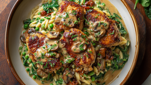 Chicken Marsala with Creamy Spinach & Pea Orzo