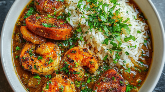 Truffle Spiced Gulf Shrimp & Sausage Gumbo with Garlic Rice