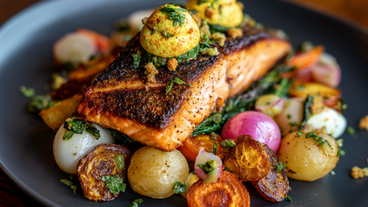 Seared Salmon with Deviled Egg Relish and Roasted Root Vegetables